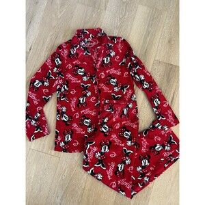 Disney Minnie Mouse Womens Soft Plush Fleece Pajama Set Red Black Medium M